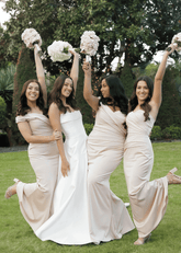 Alexia | Mermaid Off the Shoulder Champagne Stretch Satin Maxi Bridesmaid Dress with Pleated and Sweetheart Neck - Price #price_variant_lowest# - Champagne - PromDressClub